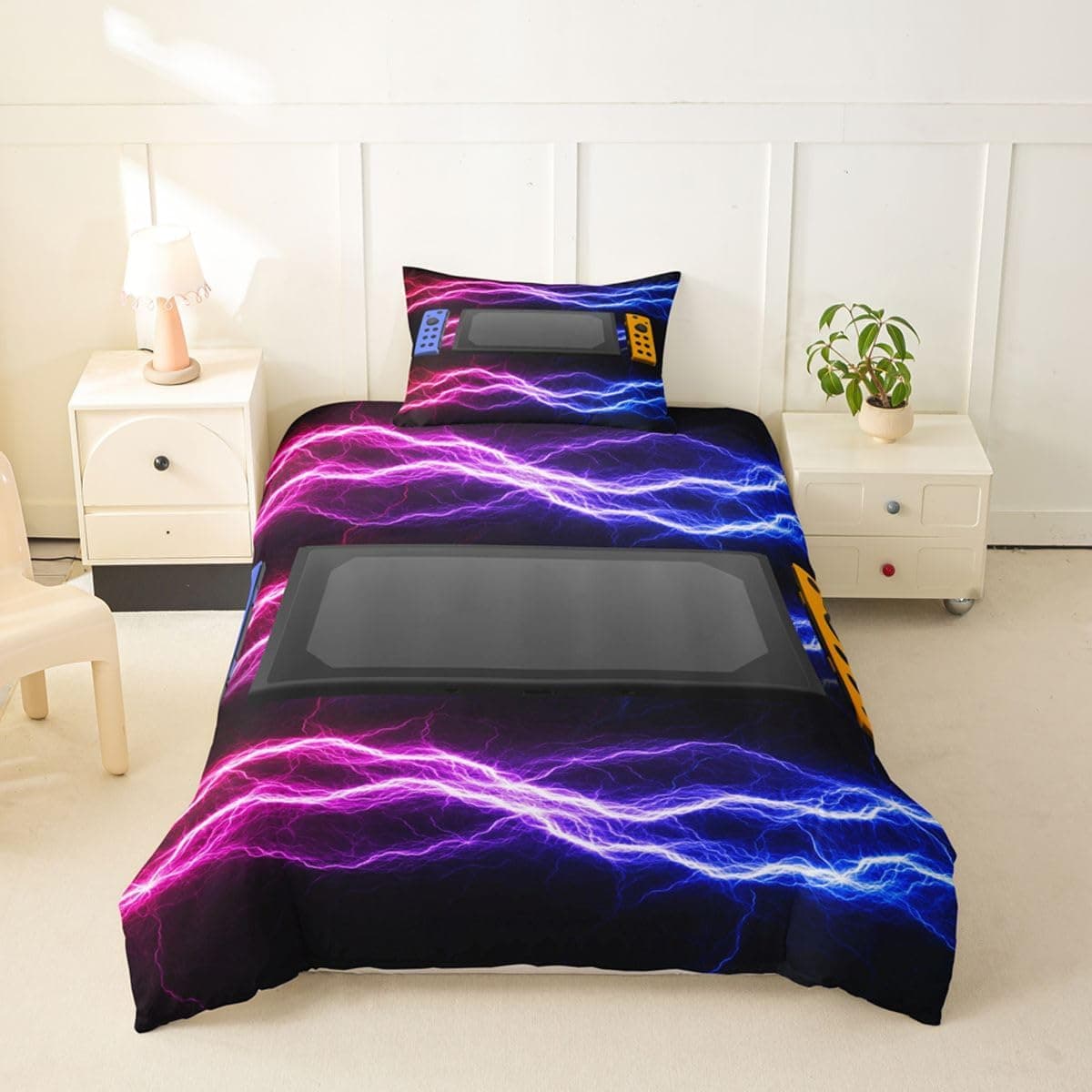 Parure de lit pour enfants,135x200,Avec 1 taie d'oreiller,Motif : jeux vidéo,Pour adolescents, garçons, gamers,Avec housse de couette,Lightning,Décoration de chambre à coucher,Motif manette de jeu -
