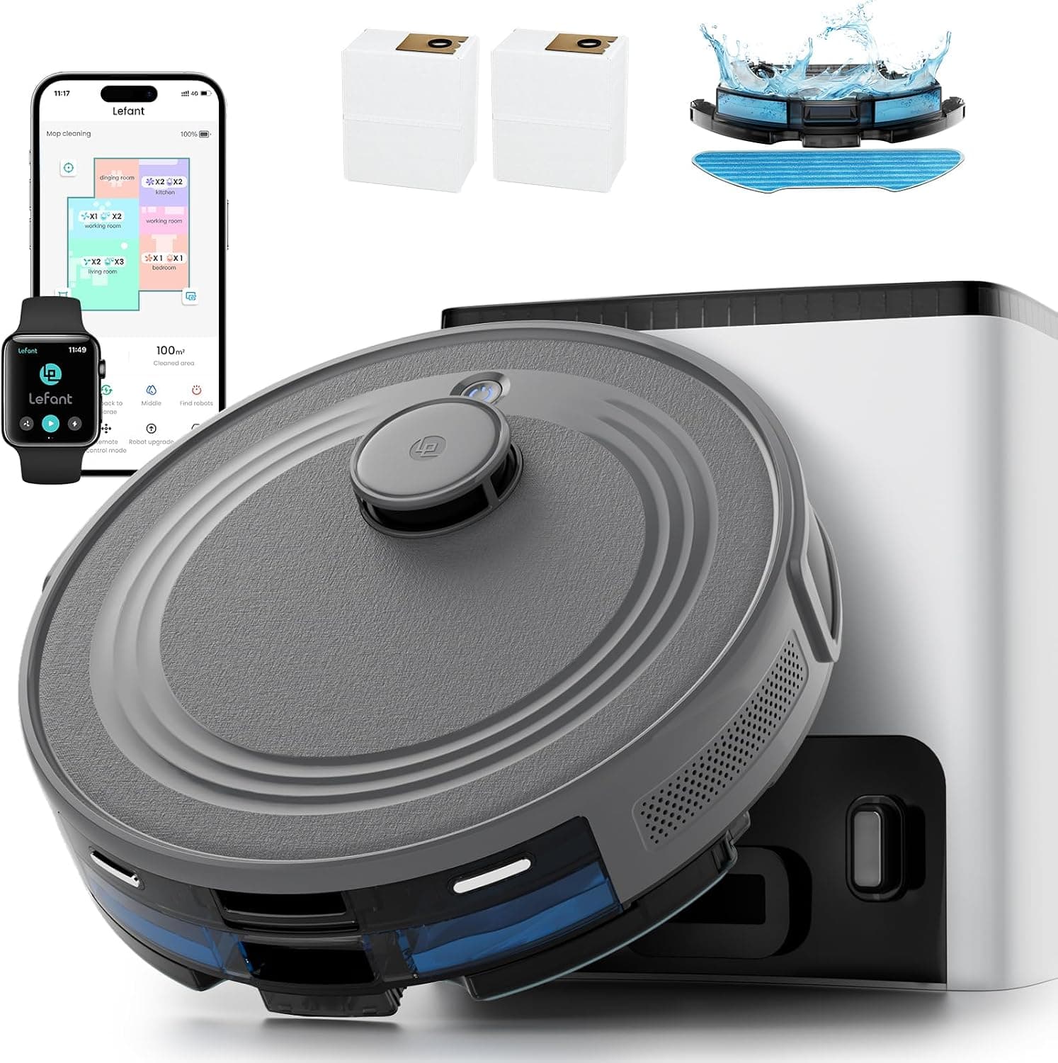 Lefant M2S Plus Aspirateur Robot avec Station, 10000 Pa d'Aspiration, Aspiration Automatique, Évite Obstacles, Auto-Charge Autonomie 240 Min, Poils d’Animaux, Tapis et Sols Durs, Alexa/App/WiFi, Gris